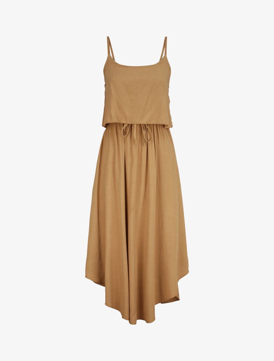 Robe mi-longue asymétrique à grand rabat - Beige foncé - 1