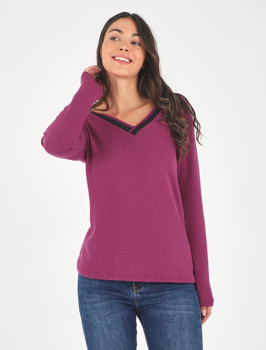 Pull droit uni col V contrastant - Violine - 4
