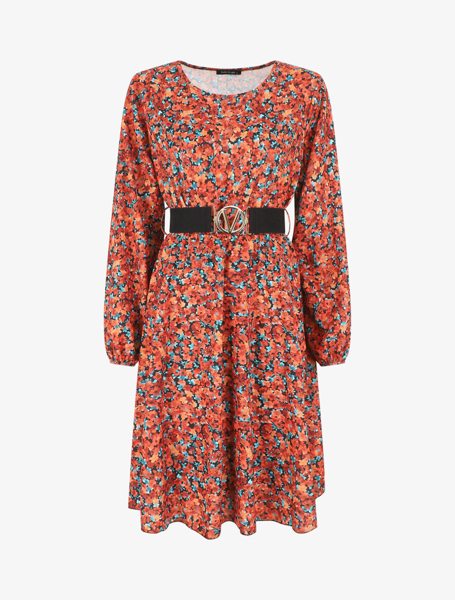 Robe mi-longue évasée imprimé fleuri - Orange - 7