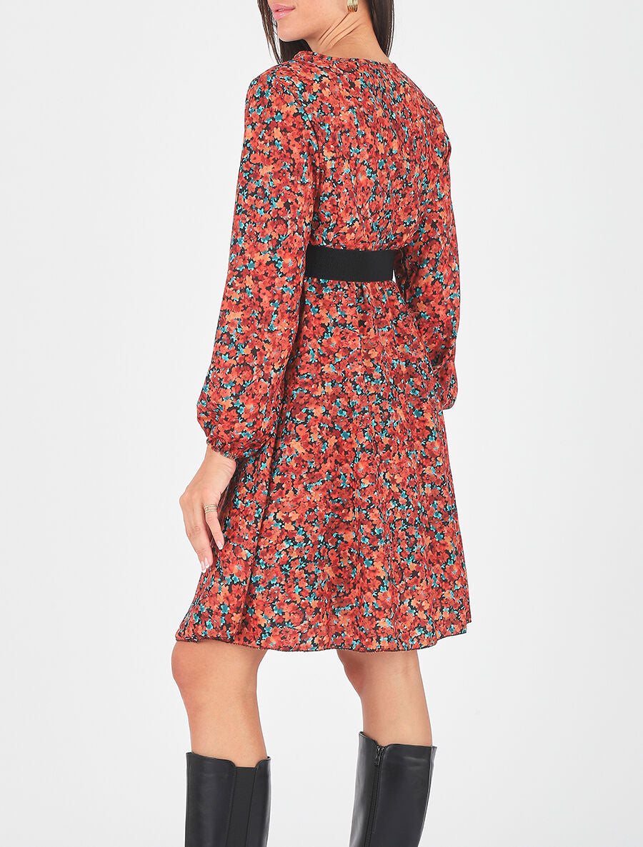 Robe mi-longue évasée imprimé fleuri - Orange - 6