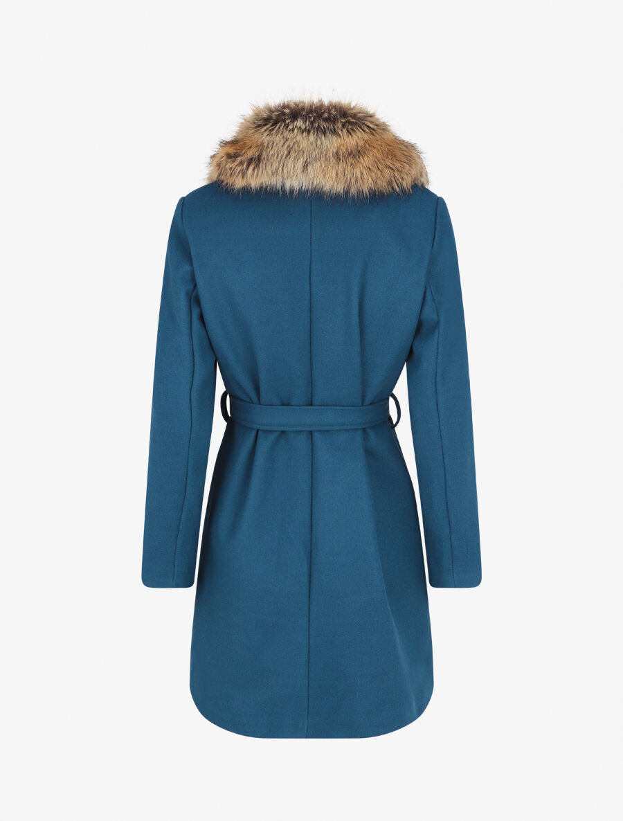 Manteau long col en fourrure - Bleu canard - 2