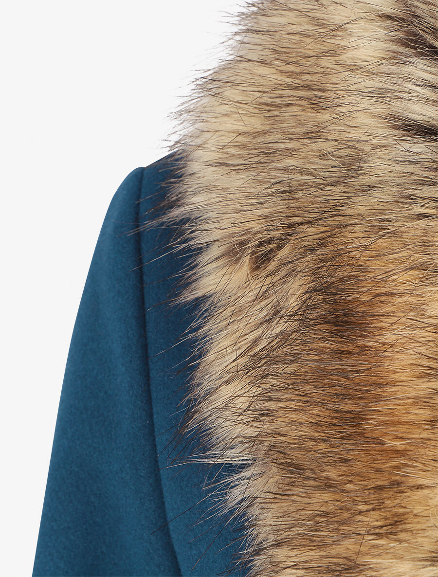 Manteau long col en fourrure - Bleu canard - 3