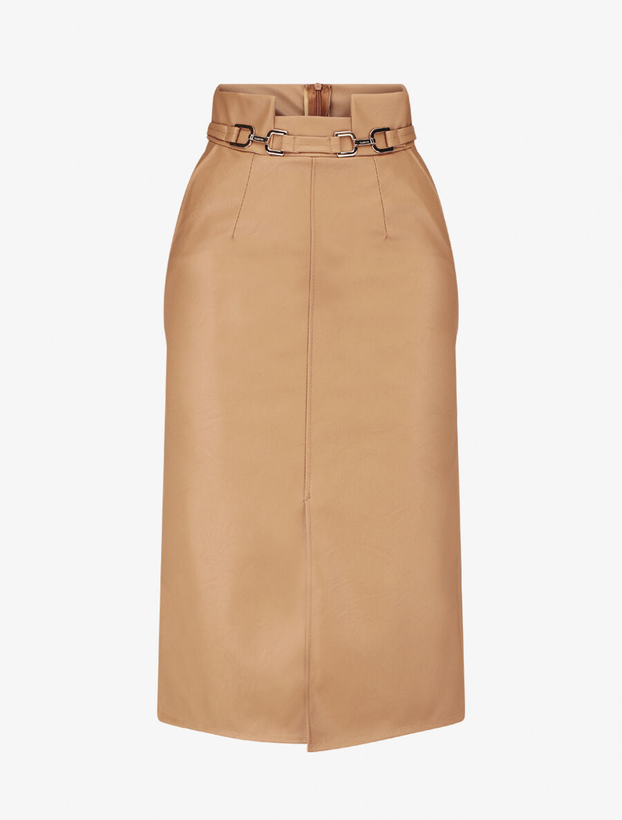 Jupe longue en simili à ceinture stylisée - Camel - 1