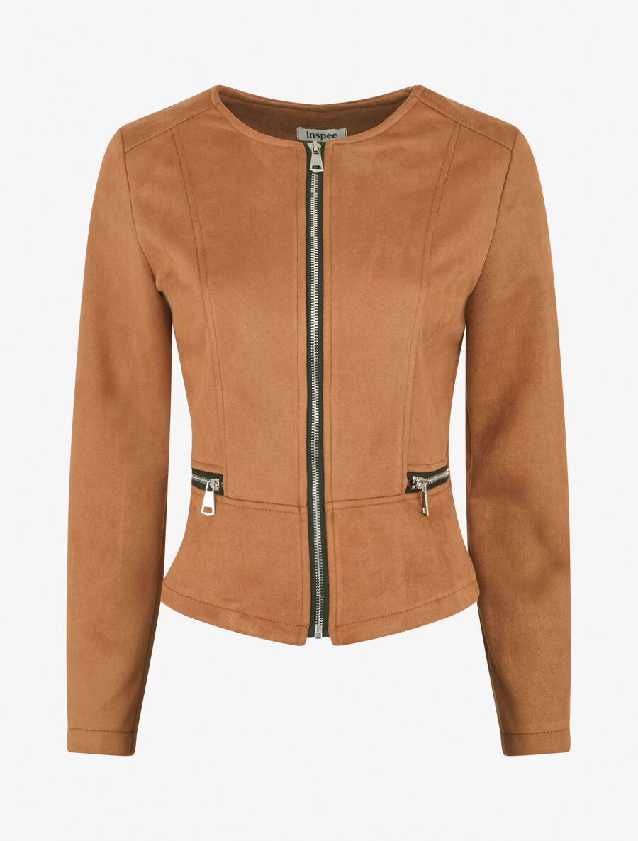 Veste en suédine à zips décoratifs - Camel foncé - 1