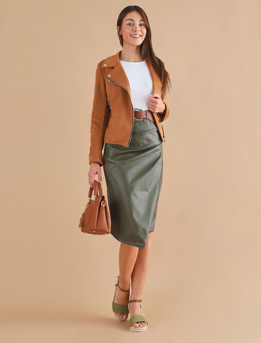 Veste en suédine à zips décoratifs et fermeture zippée - Camel foncé - 4