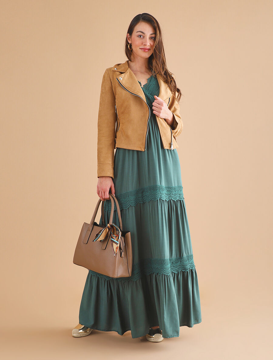 Veste en suédine à zips décoratifs et fermeture zippée - Camel clair - 4