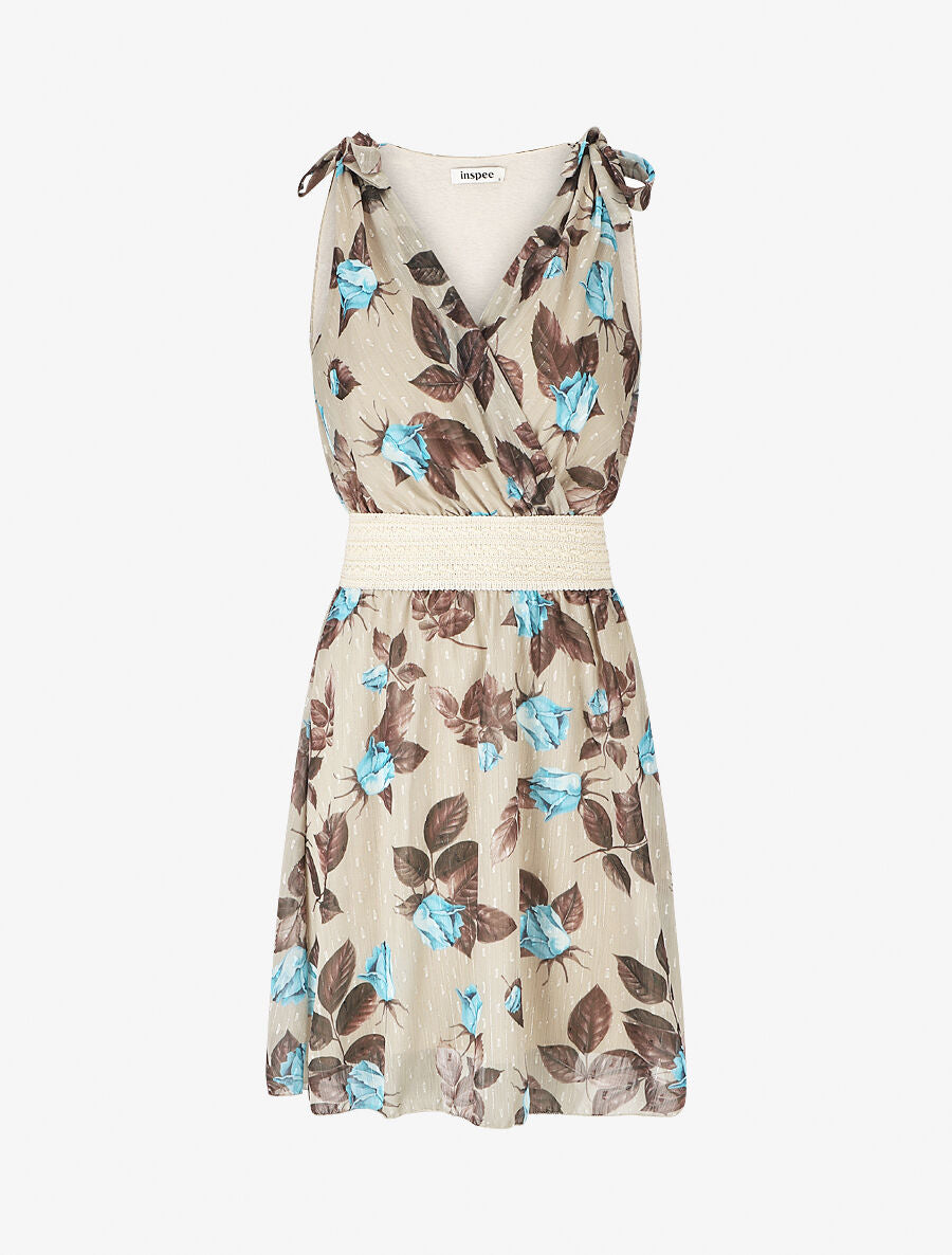 Robe mi-longue sans manches imprimé roses - Beige - 1