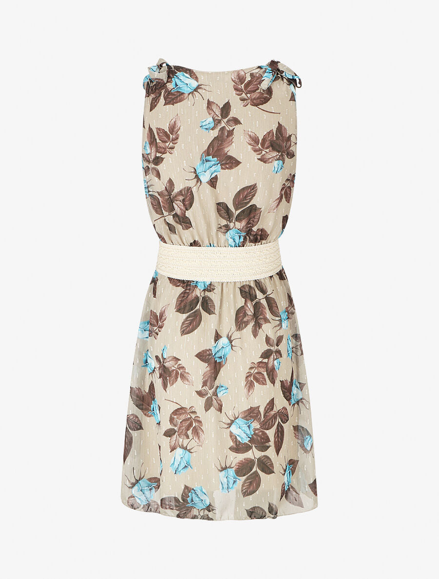 Robe mi-longue sans manches imprimé roses - Beige - 2