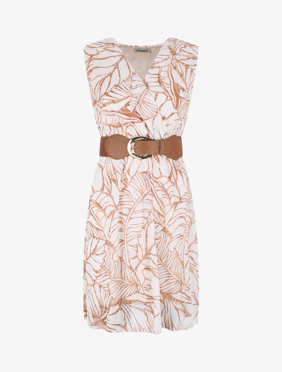 Robe élastiquée sans manches imprimé feuillage irisé - Beige - 1