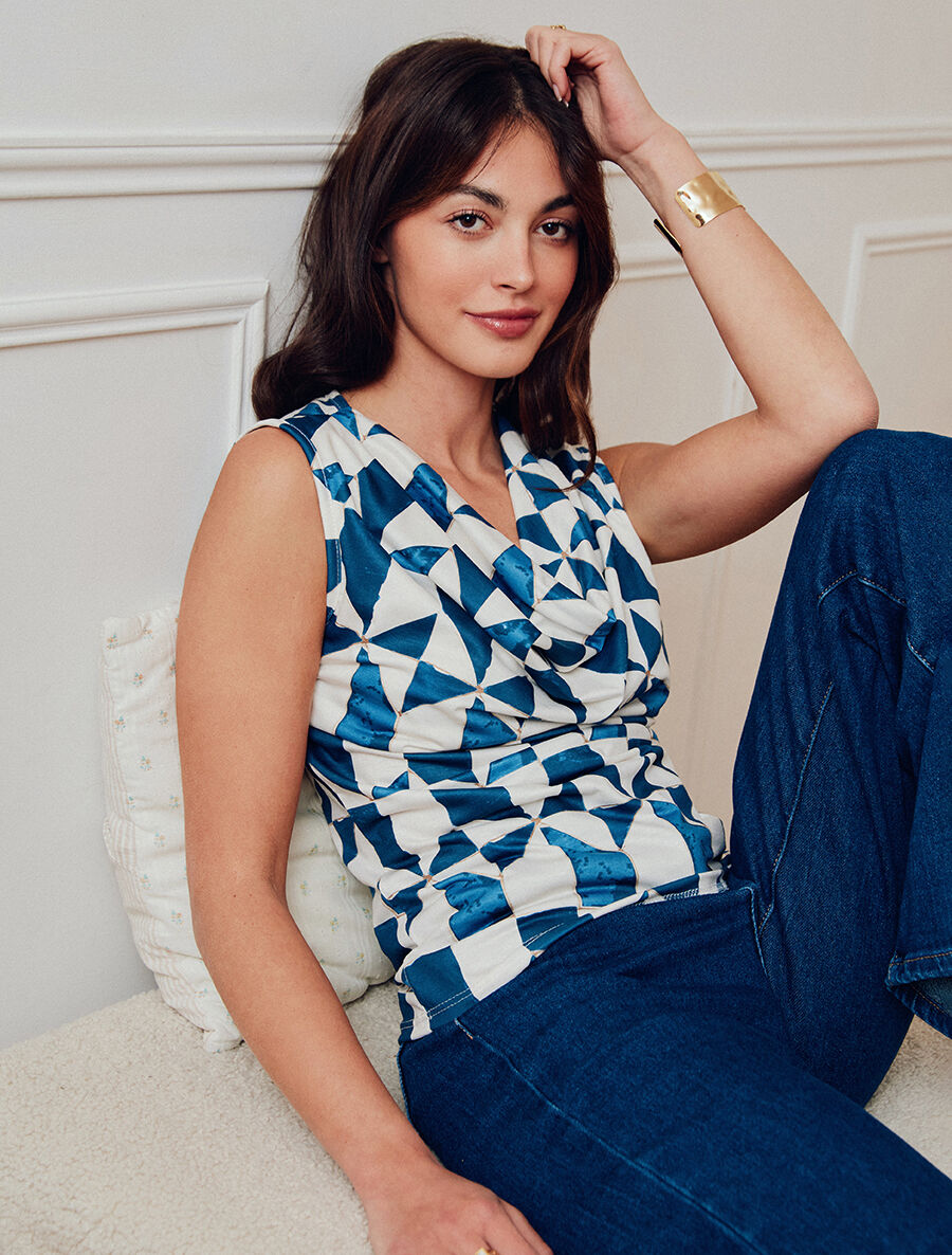 Top sans manches col bénitier imprimé graphique - Bleu - 5