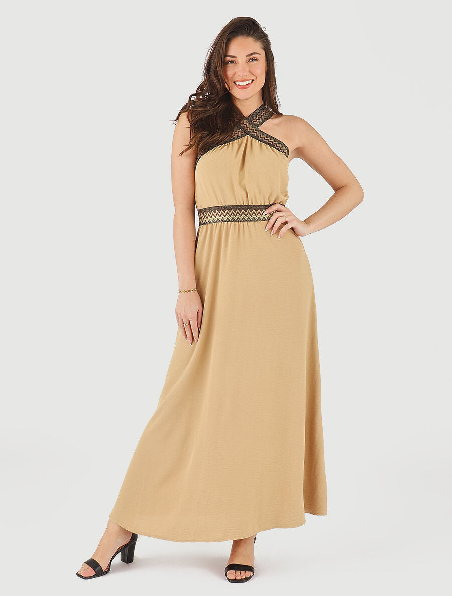 Robe longue unie col américain fantaisie - Beige - 4