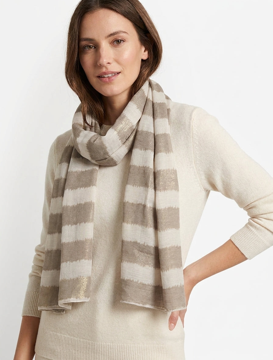 Echarpe en coton mélangé à imprimé rayures avec des touches irisées - Taupe
