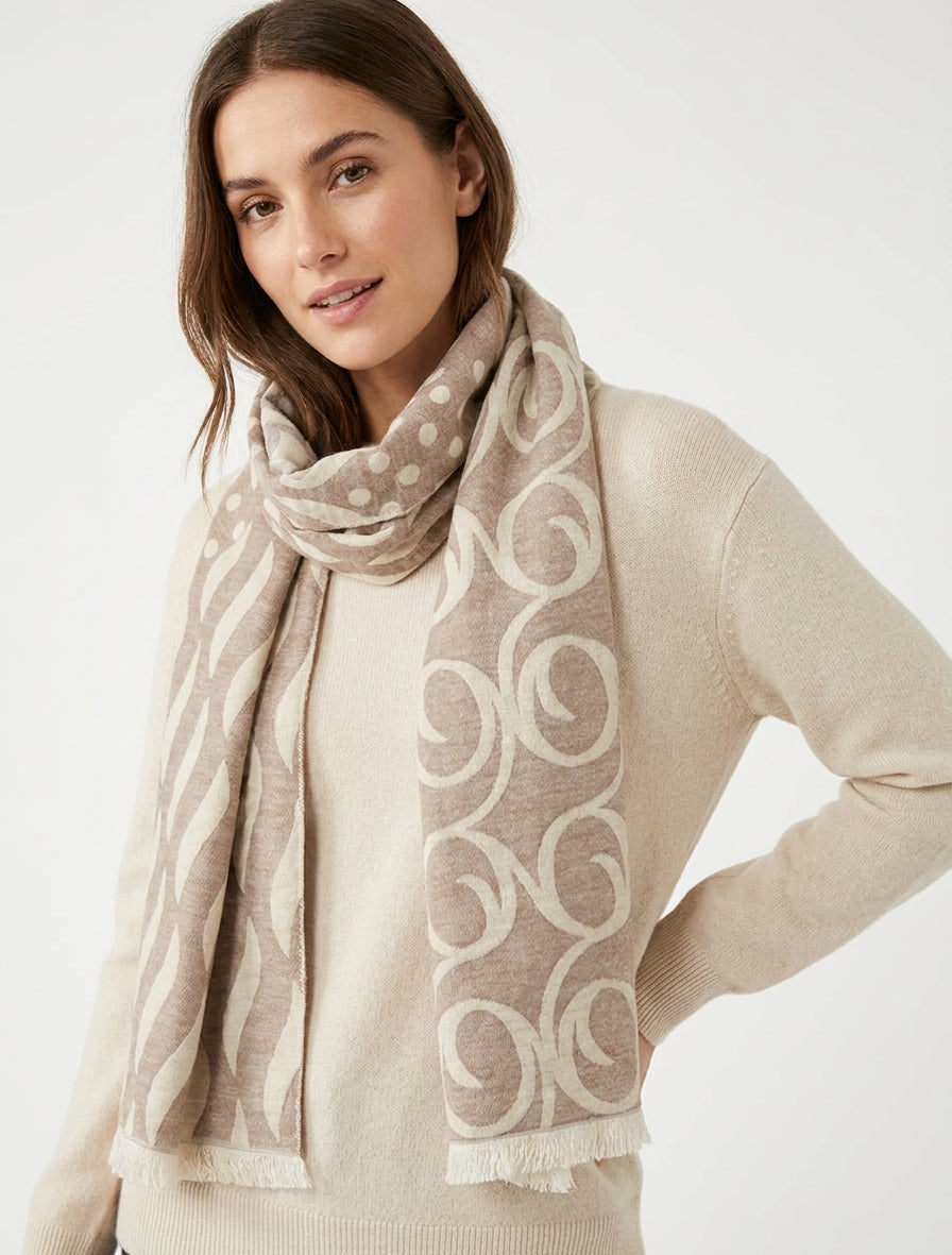 Echarpe en laine mélangée à pois et arabesques - Taupe