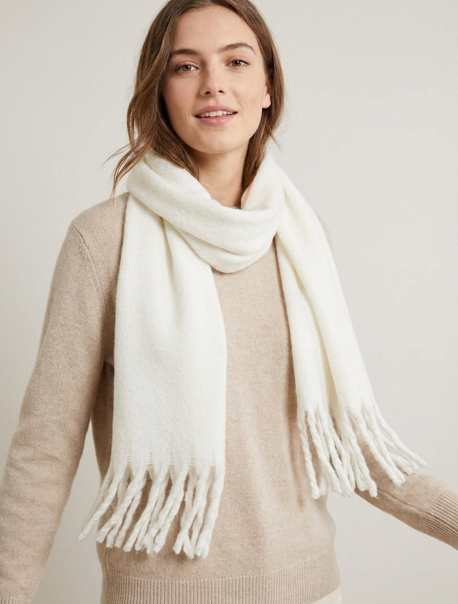 Echarpe laine duveteuse à franges - Blanc