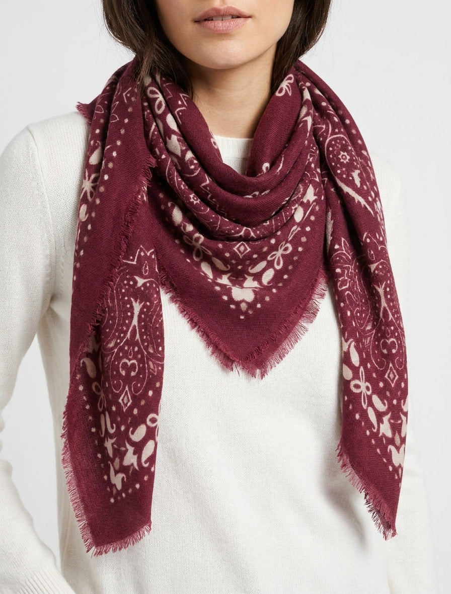Foulard imprimé paisley à bords effilochés - Bordeaux