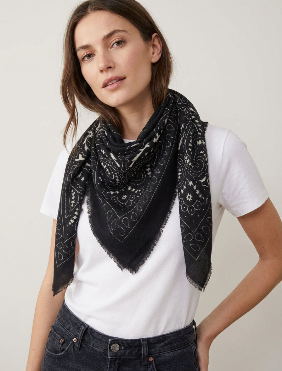Foulard imprimé cachemire à bords effilochés - Noir