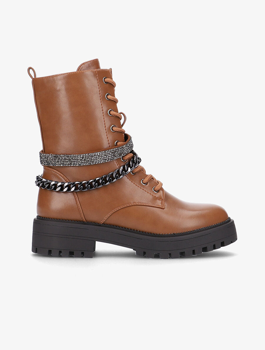 Boots biker à bande strassée - Camel - 1
