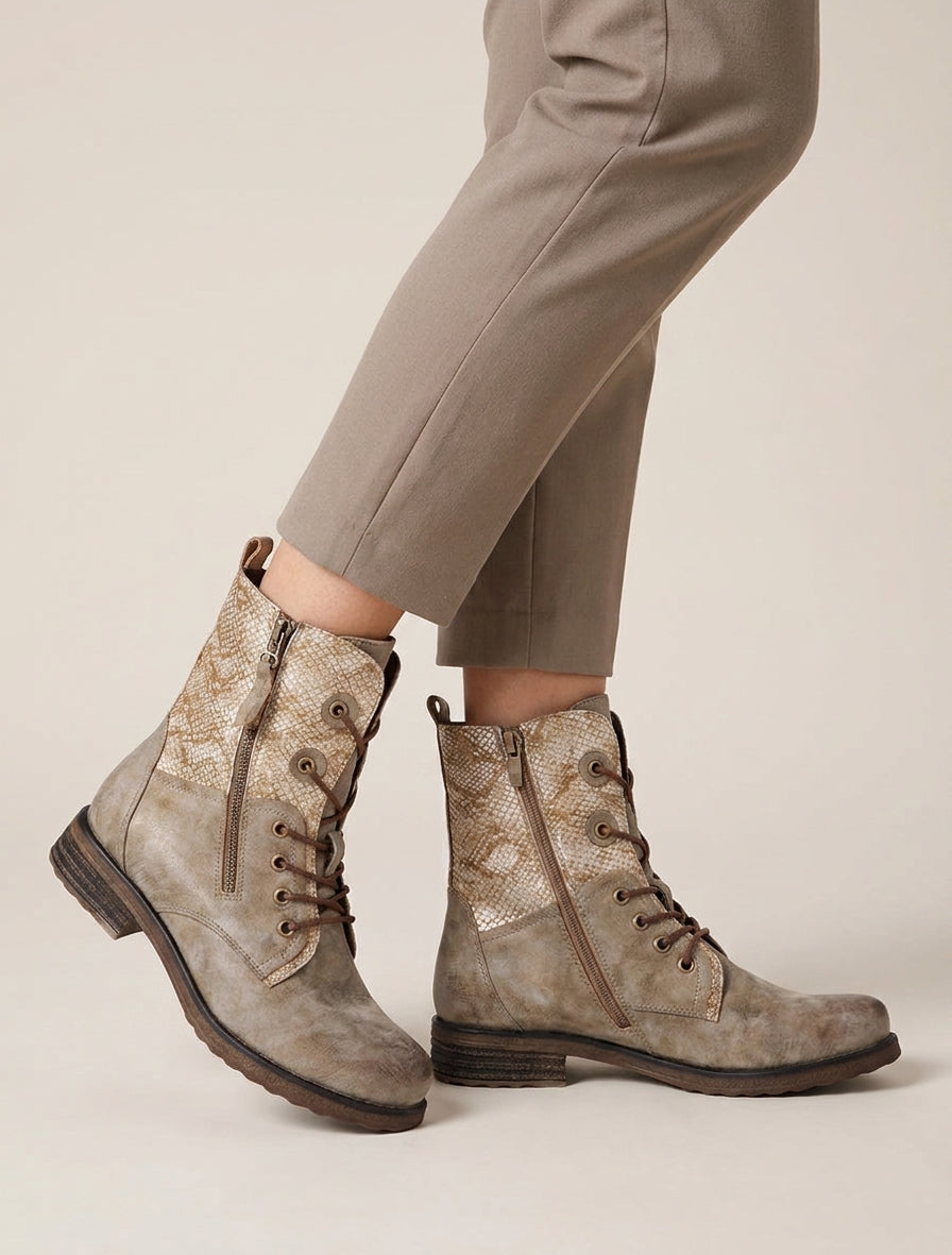 Bottines lacées à cheville effet python irisé - Taupe