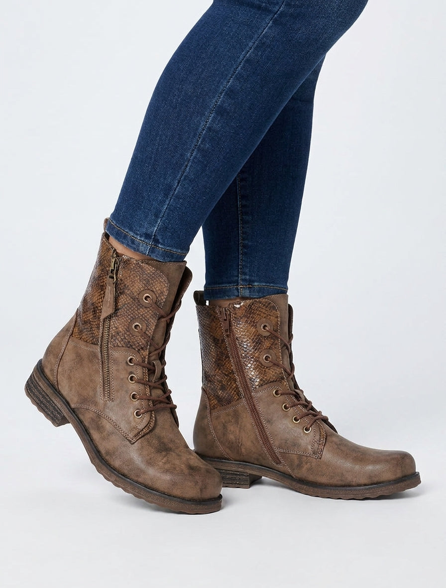 Bottines lacées à cheville effet python irisé - Marron