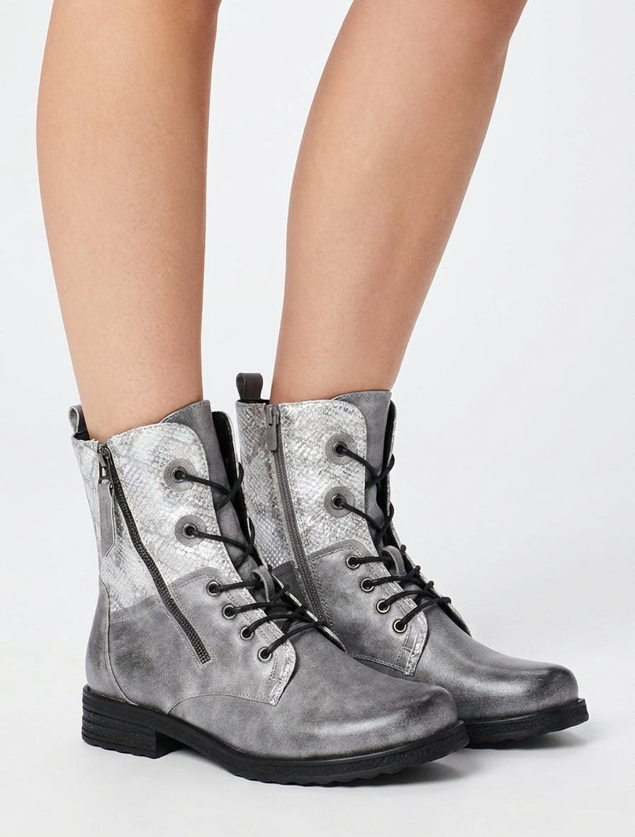 Bottines lacées à cheville effet python irisé - Gris