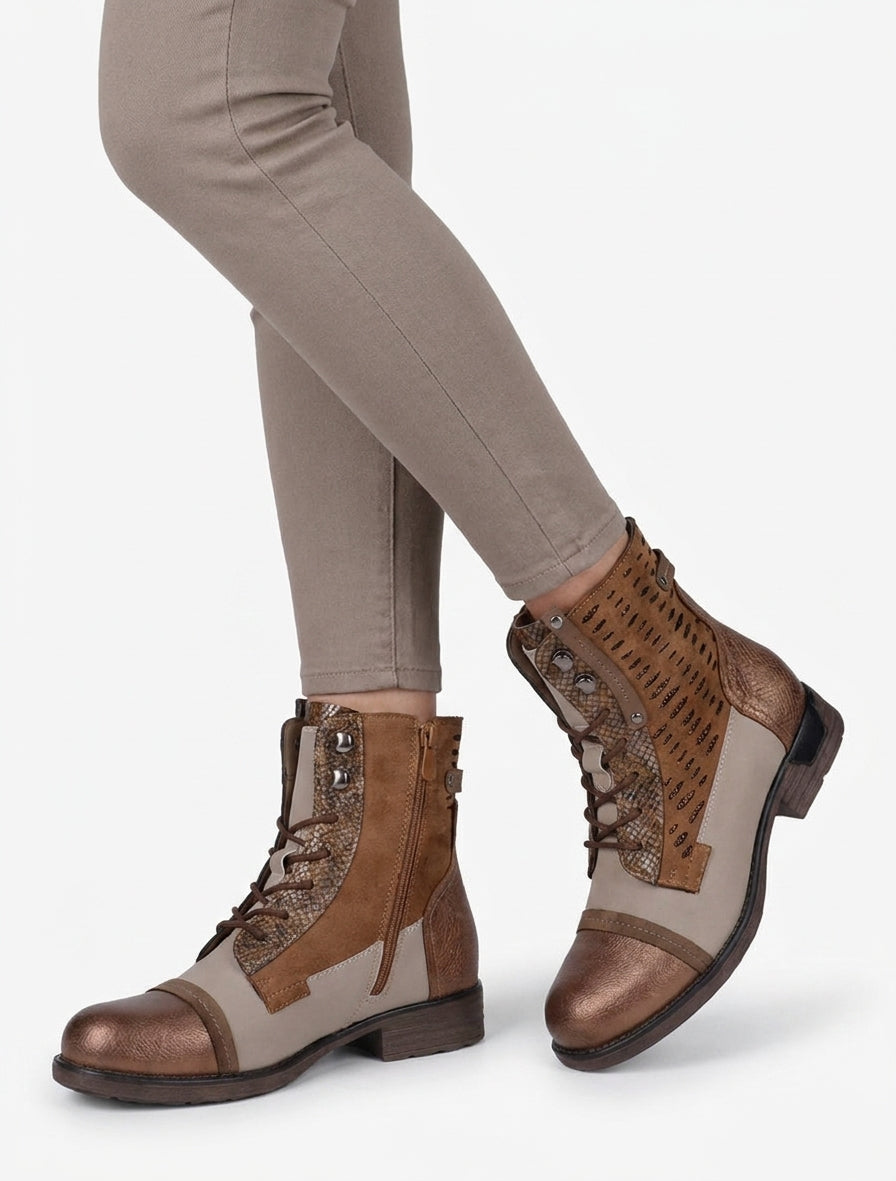 Bottines lacées irisées à perforations - Camel