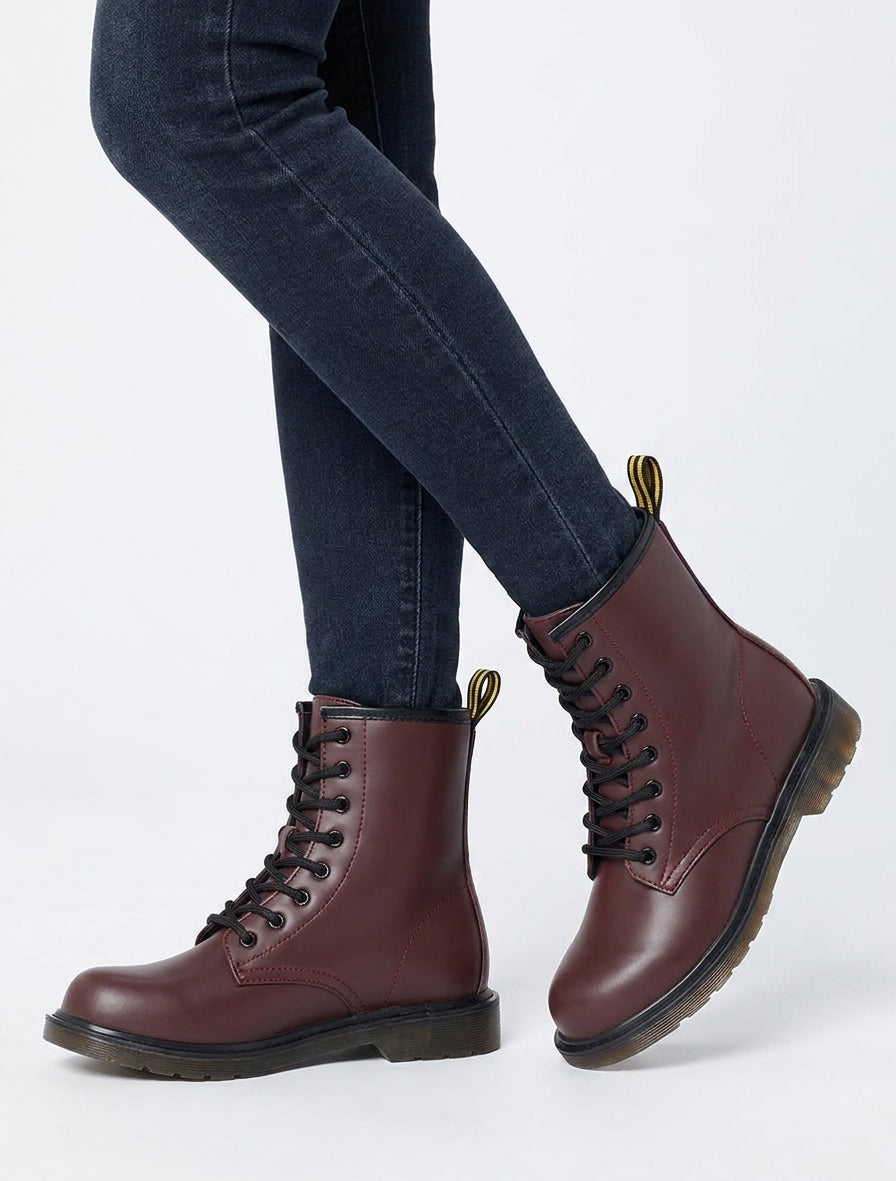 Boots montantes lacées en simili - Bordeaux