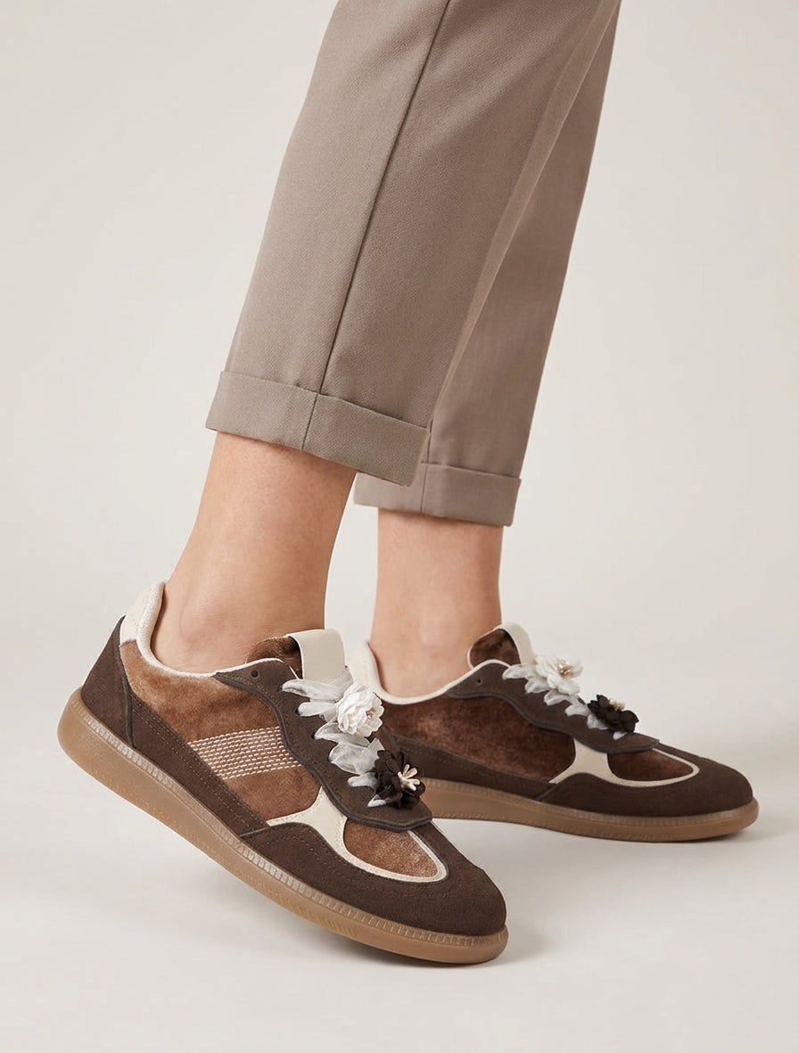 Sneakers à empiècement velours - Chocolat