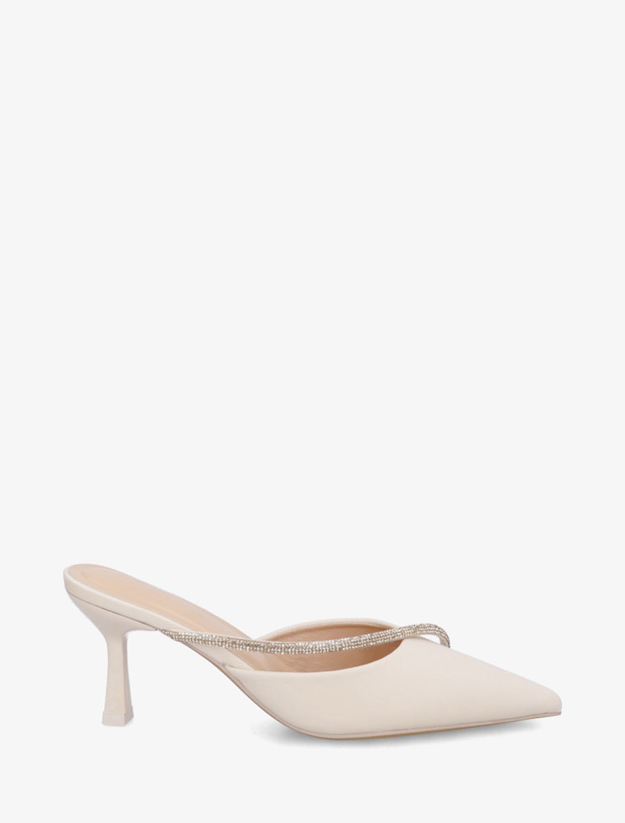 Mules satinées à strass et bouts pointus - Beige - 1
