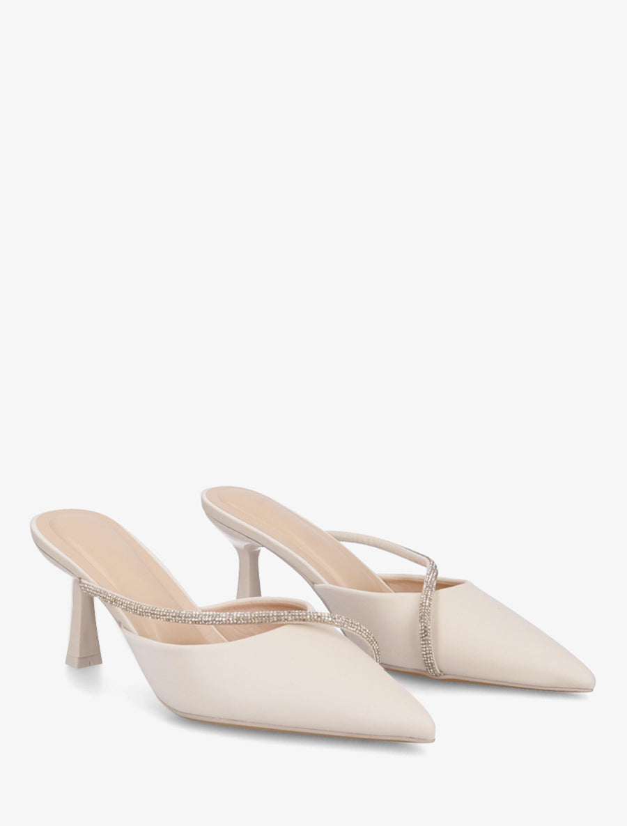 Mules satinées à strass et bouts pointus - Beige - 4