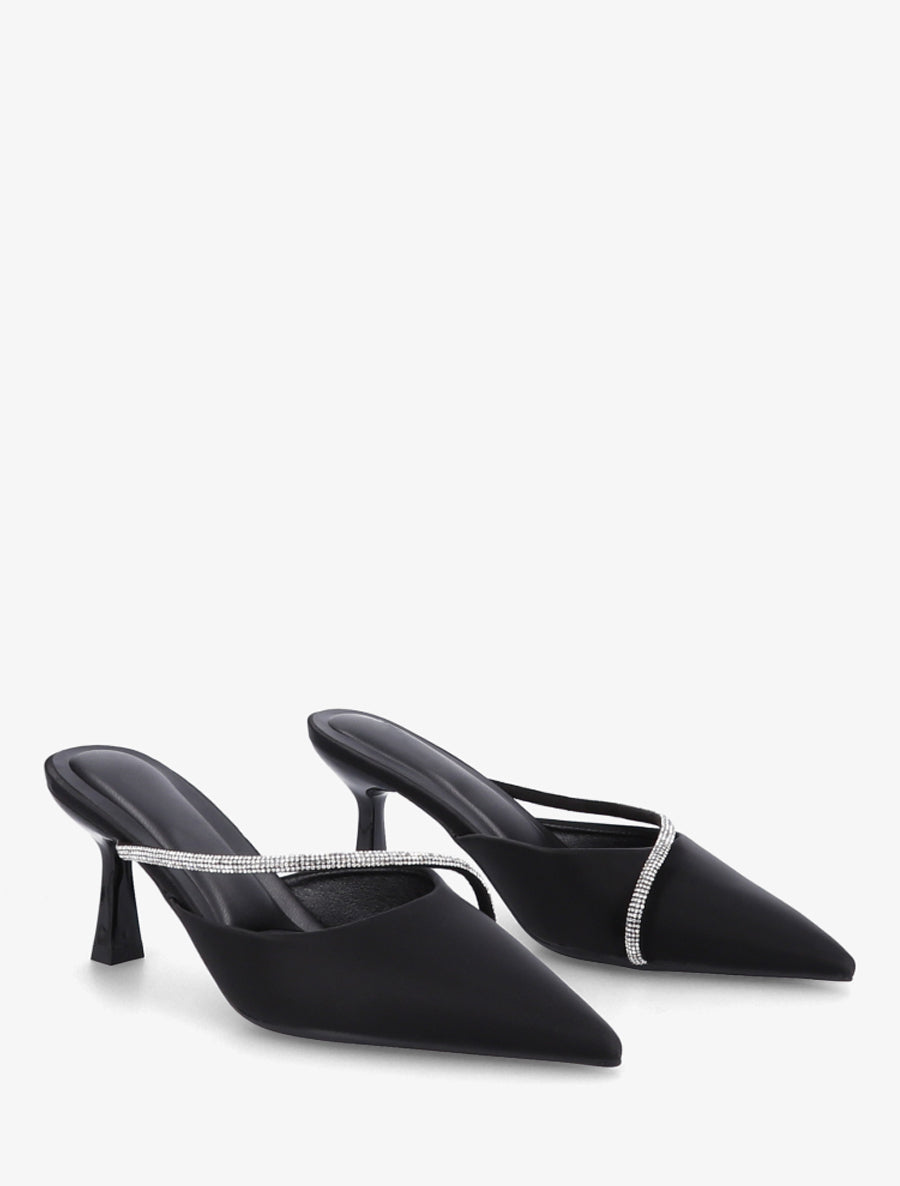 Mules satinées à strass et bouts pointus - Noir - 4