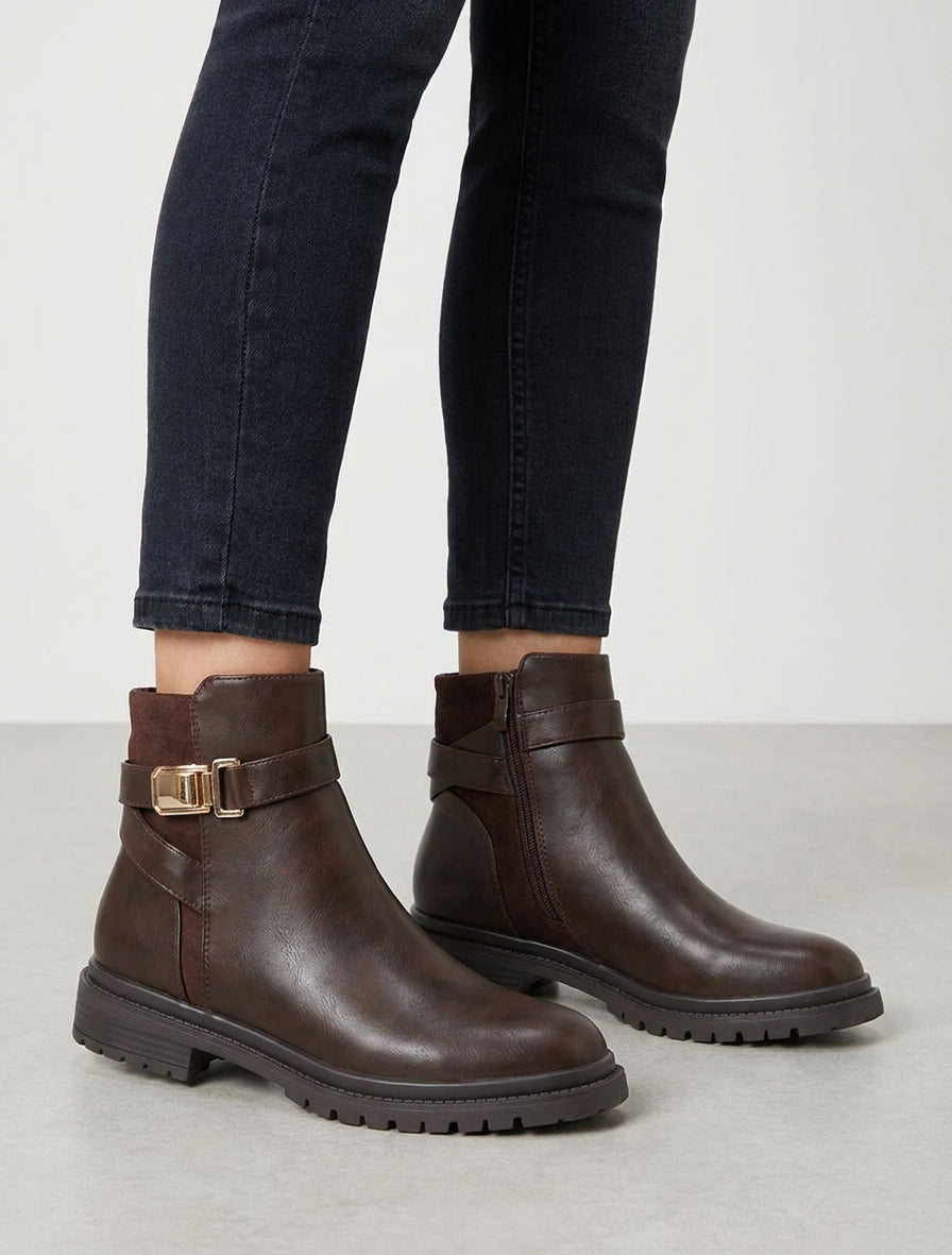 Bottines en simili à empiècement en suédine - Marron