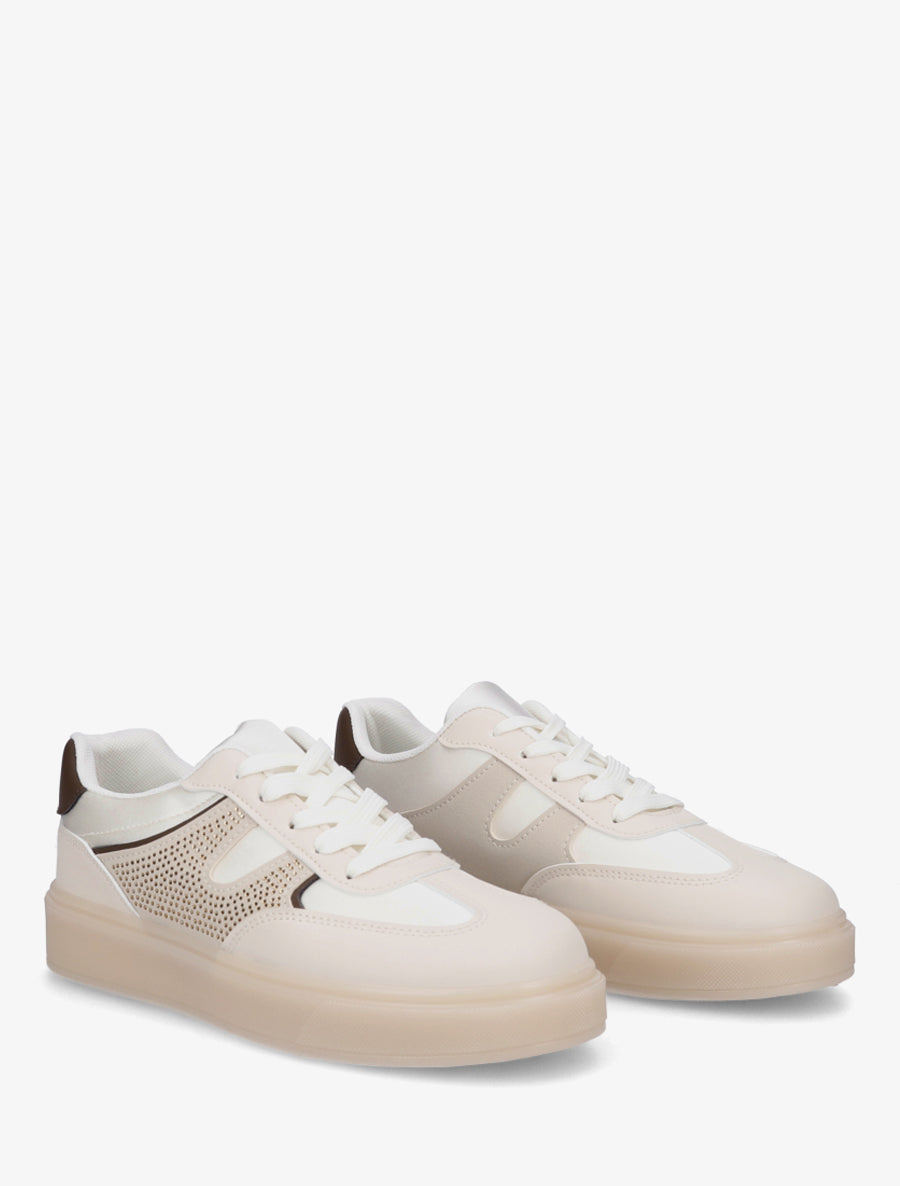 Sneakers à strass et tissu nacré - Beige - 4