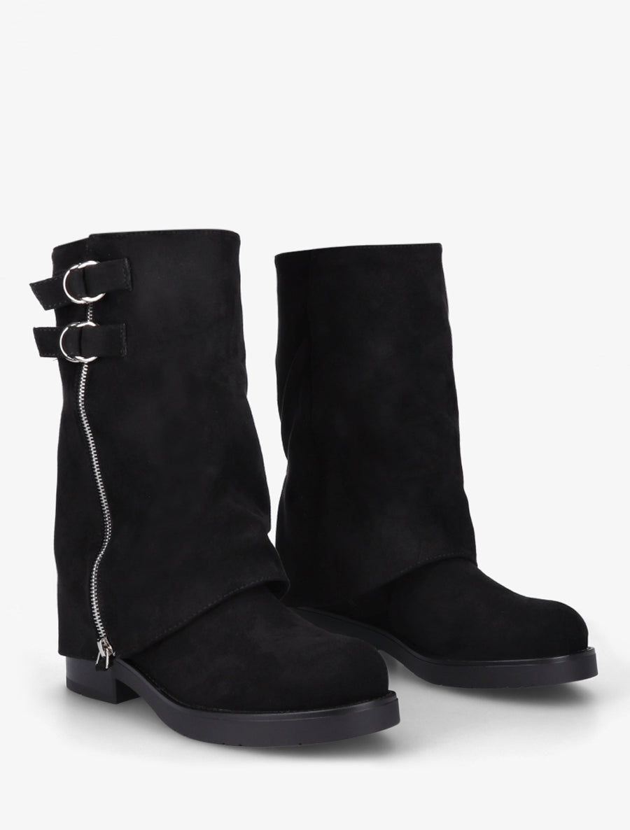 Bottines renversées en suédine à zip décoratif - Noir - 4