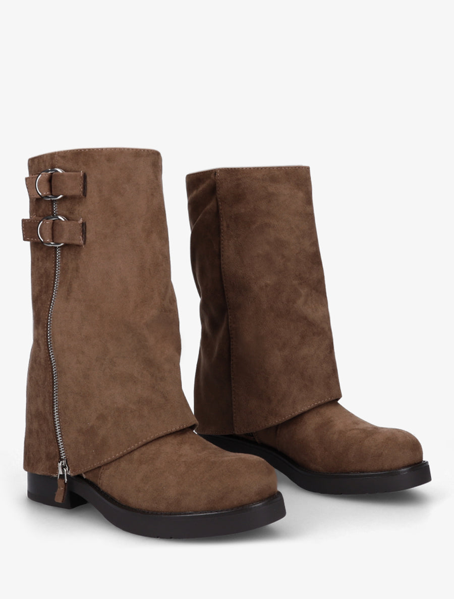 Bottines renversées en suédine à zip décoratif - Marron clair - 4