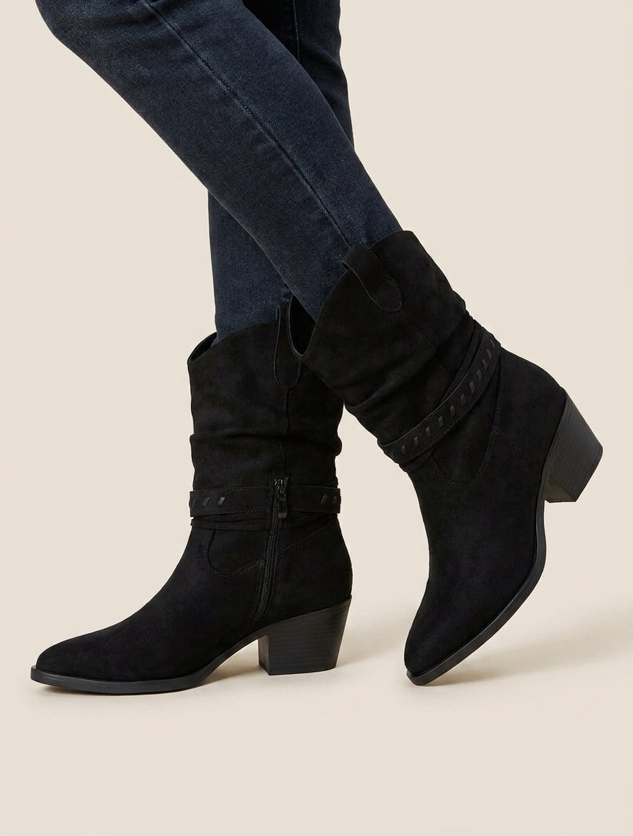 Bottines en suédine style santiags - Noir