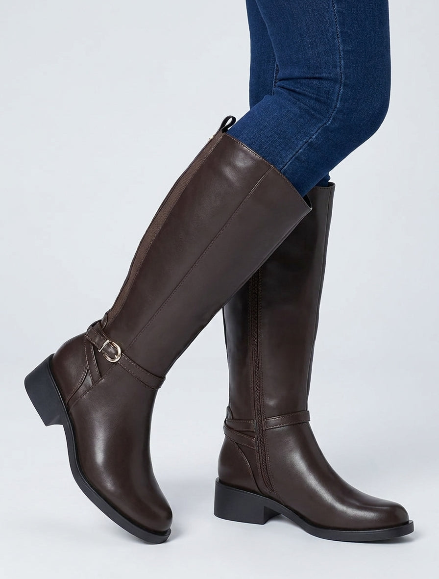 Bottes cavalières élastiquées à boucle - Marron