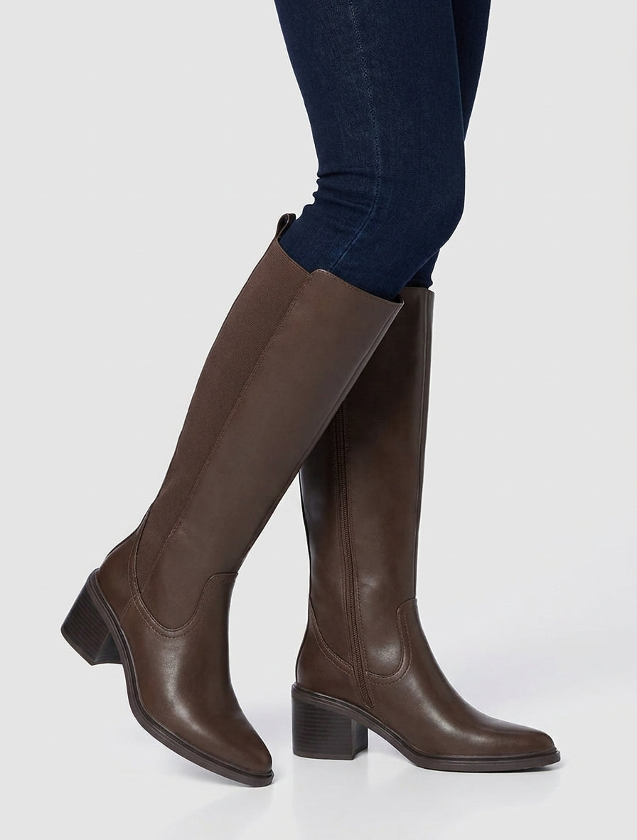 Bottes élastiquées en simili à bouts pointus - Marron