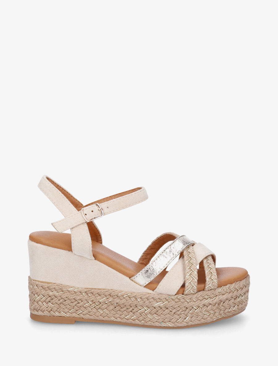 Sandales compensées brides raphia et simili - Beige - 1