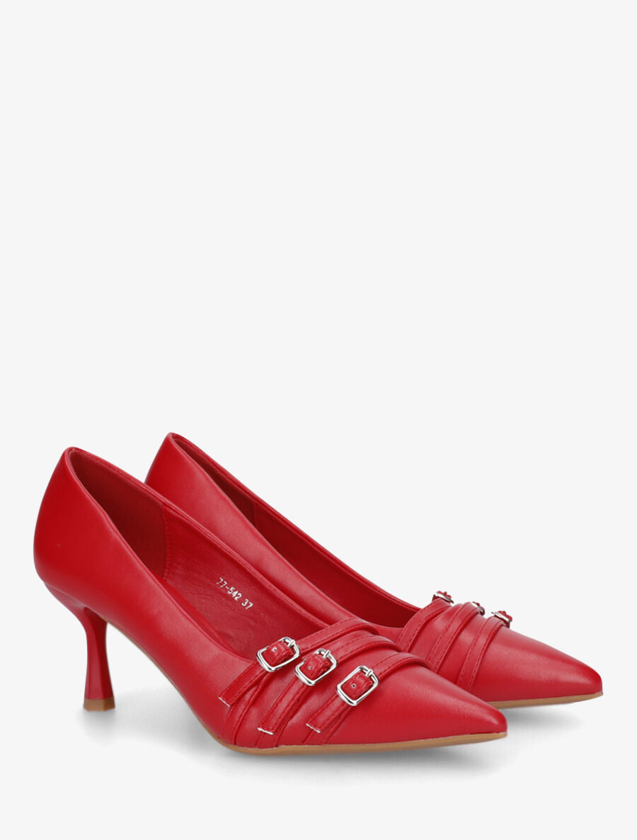 Escarpins en simili à triple boucles décoratives - Rouge - 4