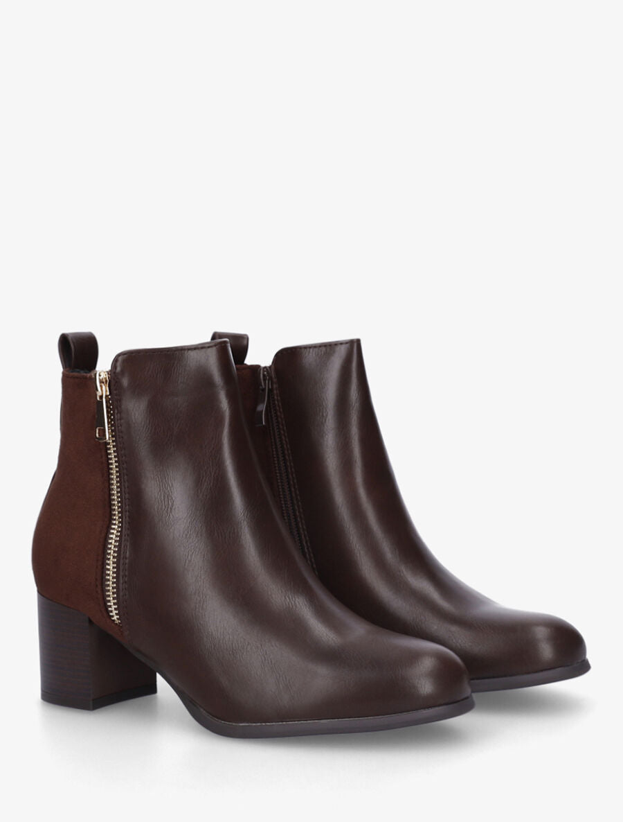 Bottines en simili et suédine à zip décoratif - Marron - 4