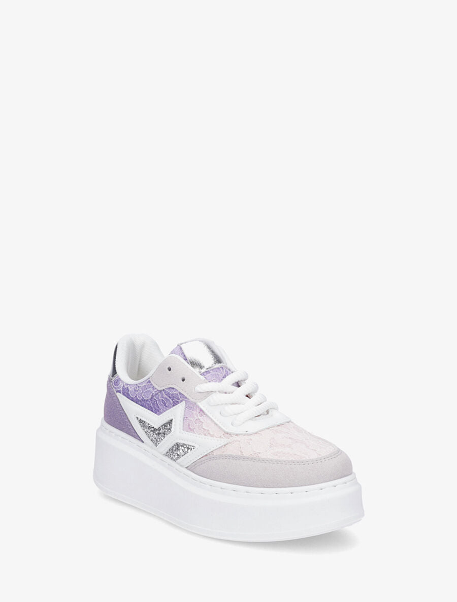 Sneakers en simili à détail dentelle et sequins - Lilas - 2