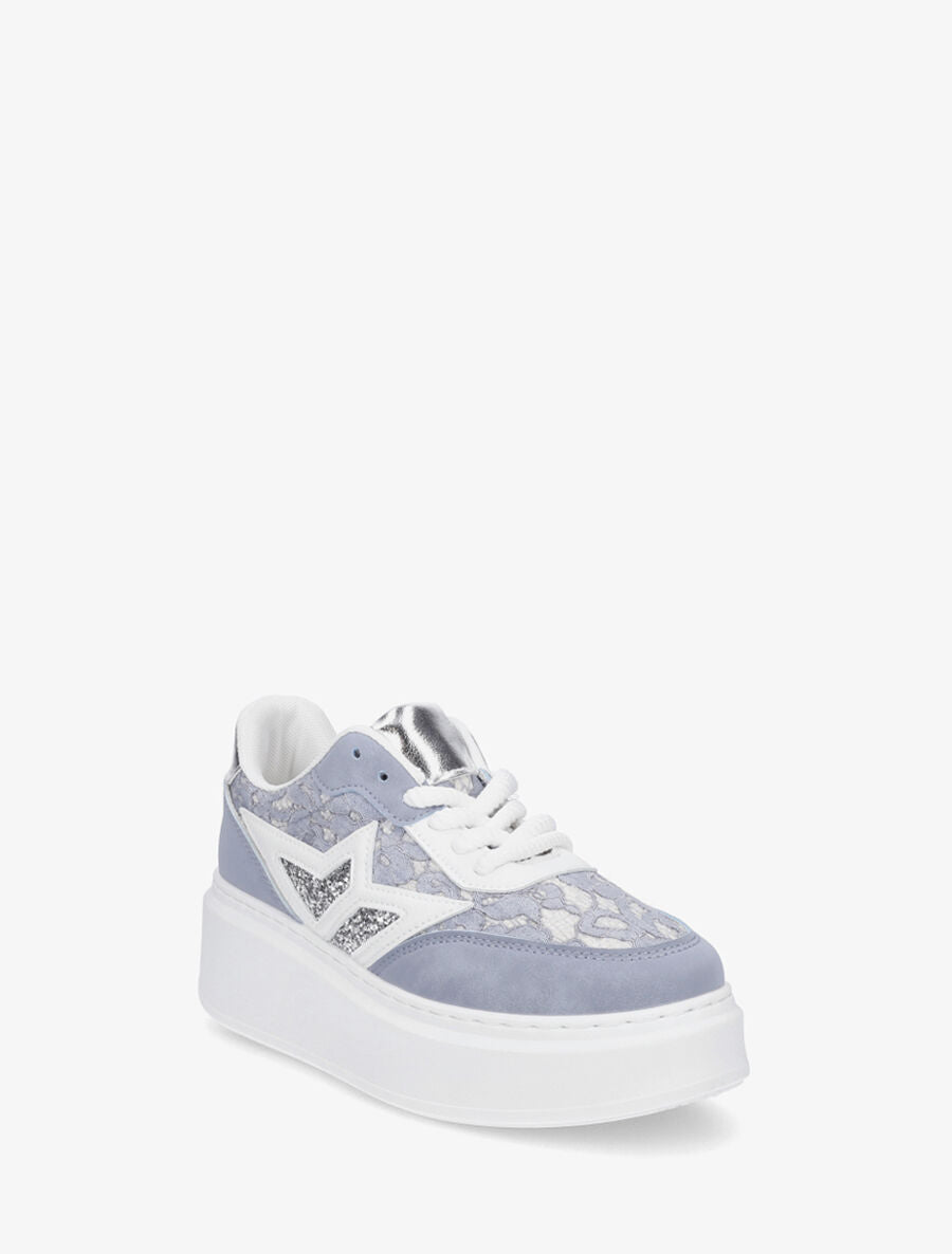 Sneakers en simili à détail dentelle et sequins - Bleu - 2