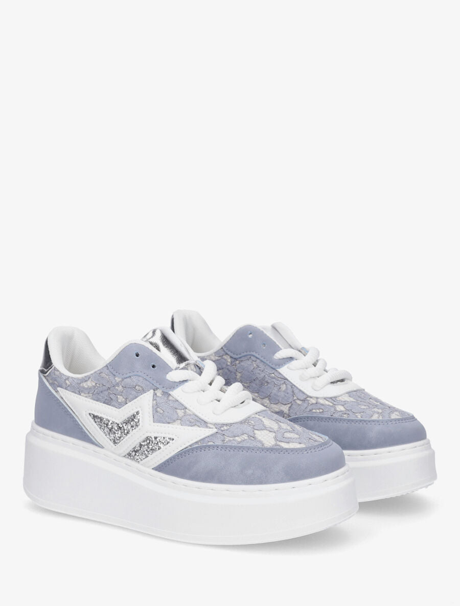 Sneakers en simili à détail dentelle et sequins - Bleu - 4