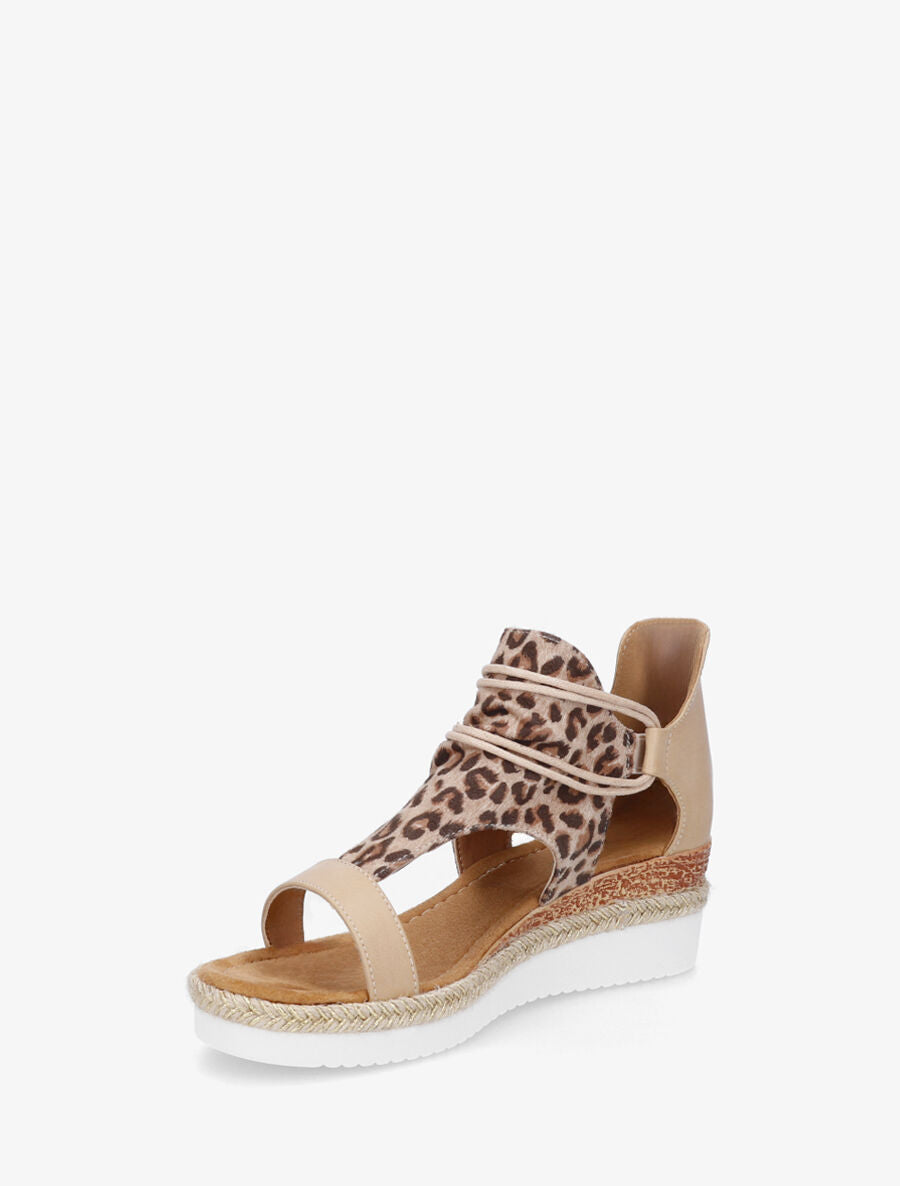 Sandales compensées imprimé léopard à liens - Beige - 3