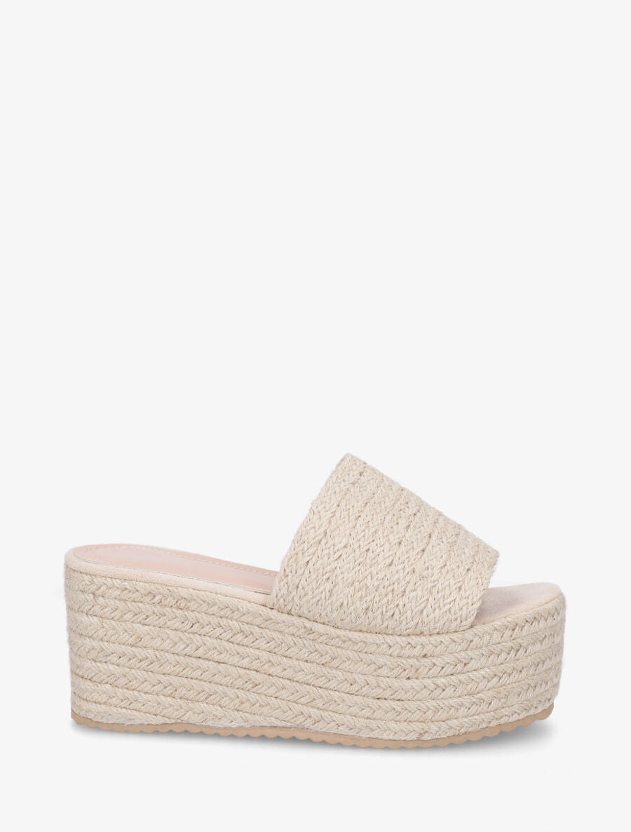 Mules à talon compensé haut en raphia - Beige - 5