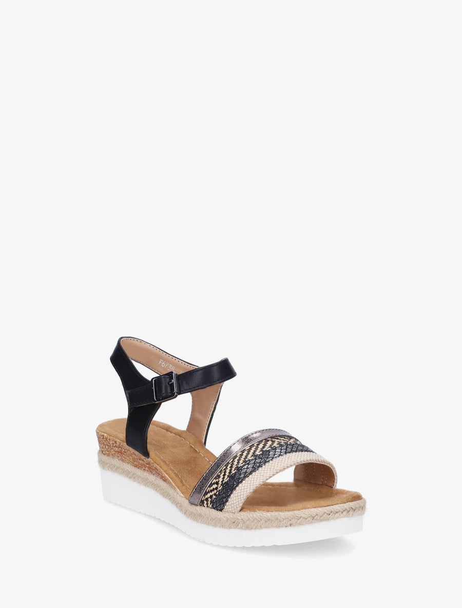Sandales compensées brides tressées raphia - Noir