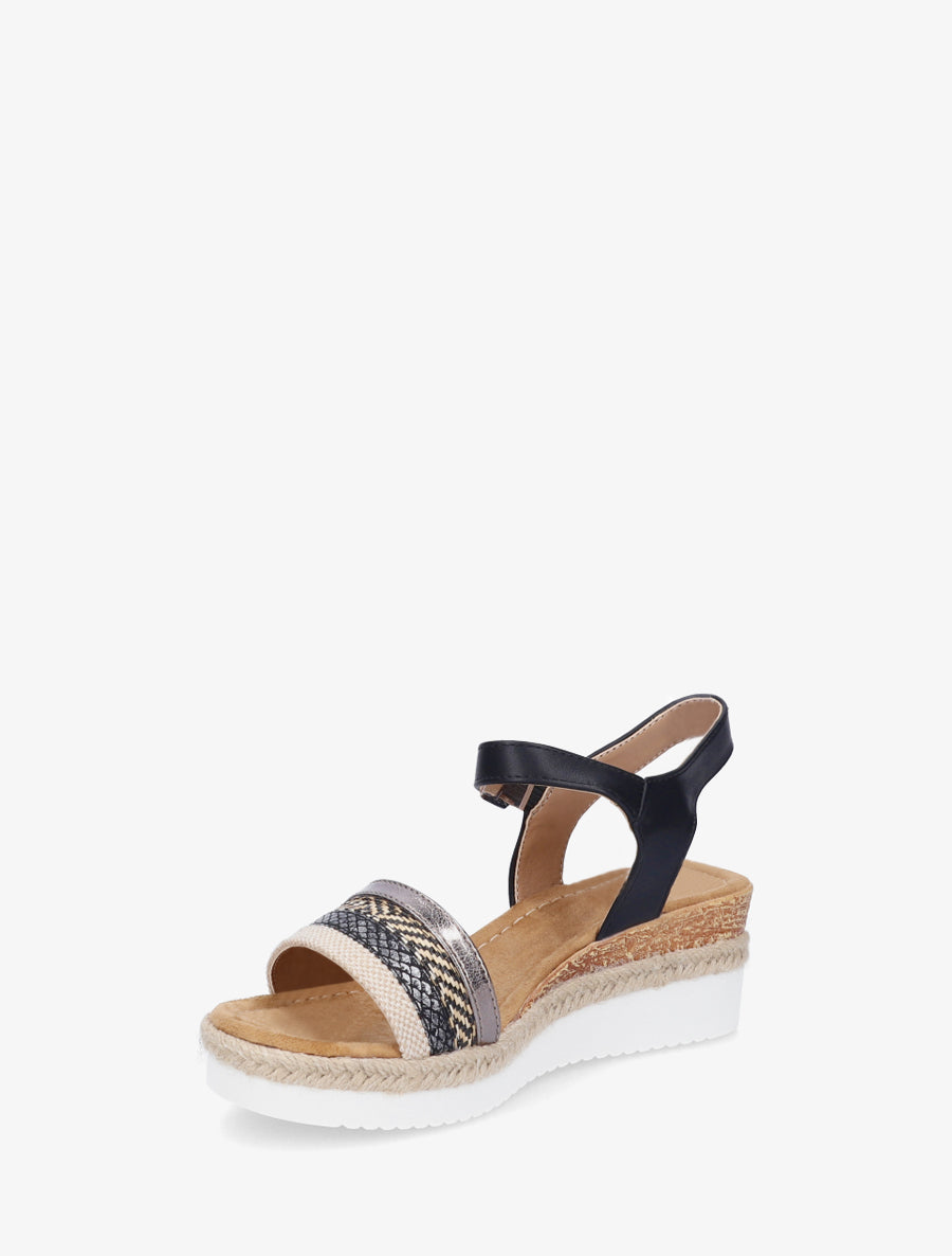 Sandales compensées brides tressées raphia - Noir