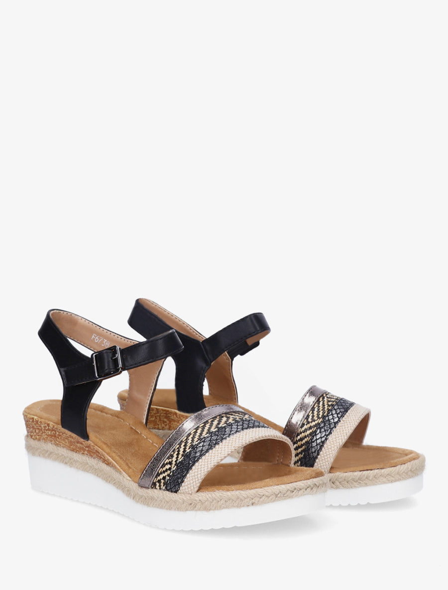 Sandales compensées brides tressées raphia - Noir
