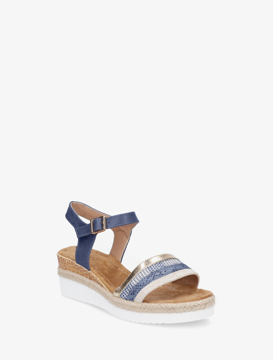 Sandales compensées raphia tressé bride - Bleu
