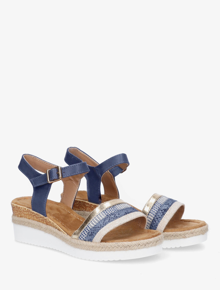 Sandales compensées raphia tressé bride - Bleu